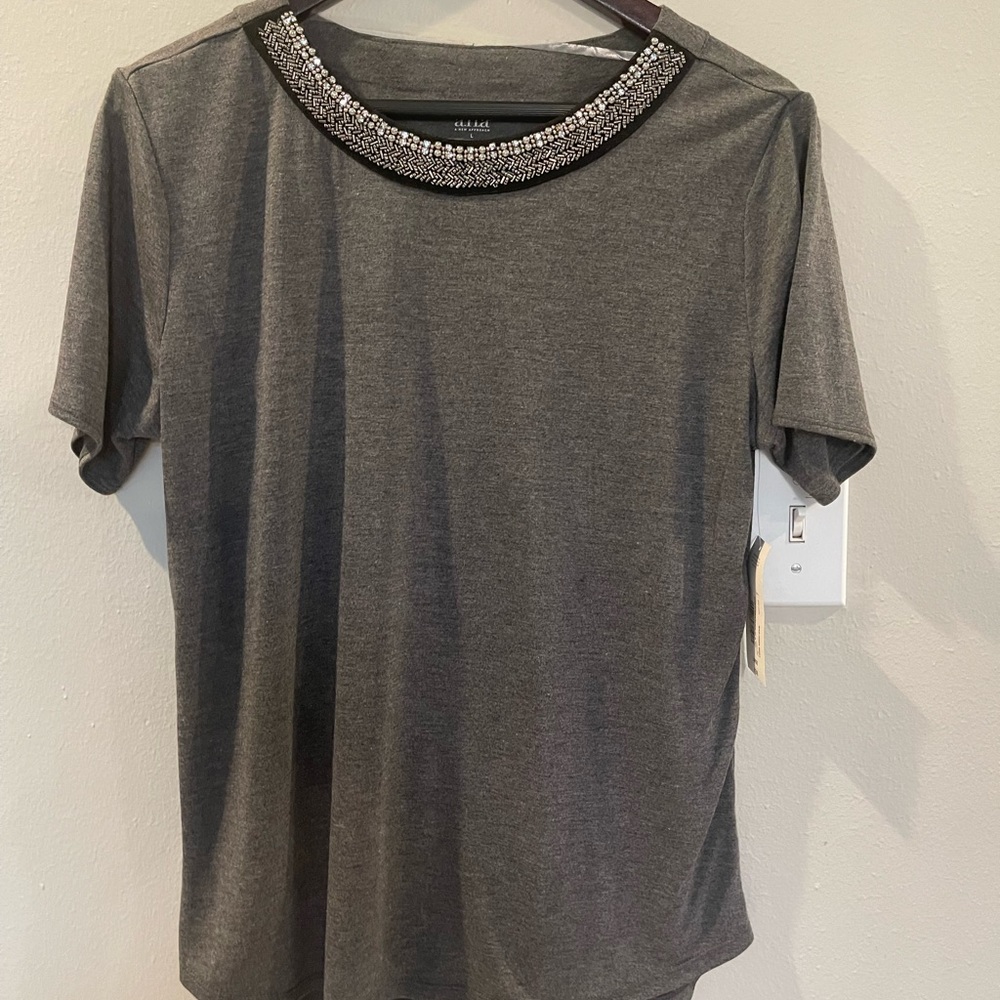 Dark grey rayon/polyester tee with neck embellishments - NWT